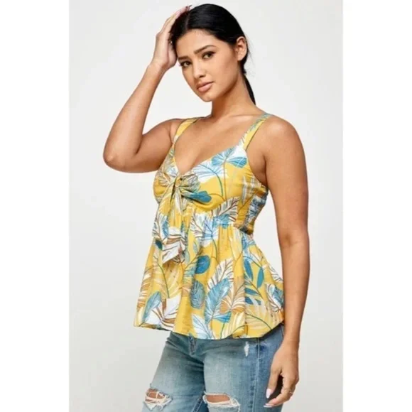 Honey Yellow Blue Tropical Floral Knotted Cami Babydoll Summer Vacation Tank Top - Picture 5 of 5